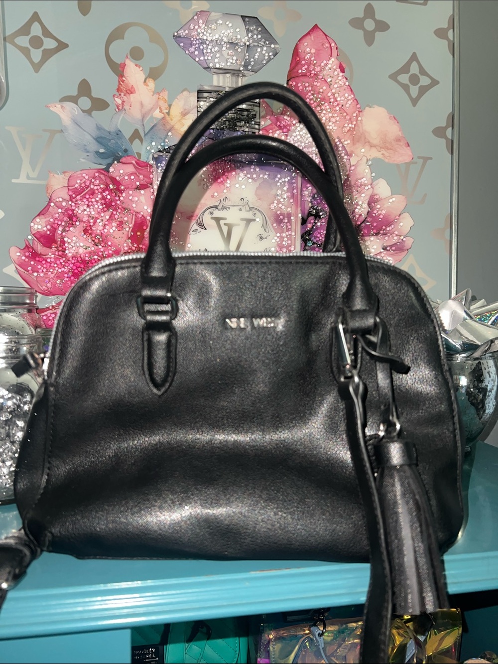 Nine West Black Leather Double-Zip Satchel with Silver Hardware